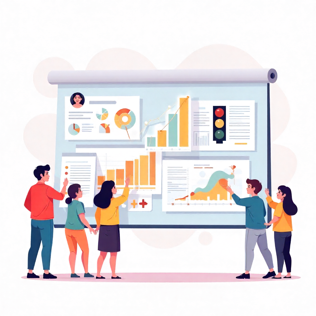 Frauen und Männer bringen an eine grosse Leinwand Grafiken, Ampelbewertungen und Texte an - Cartoon