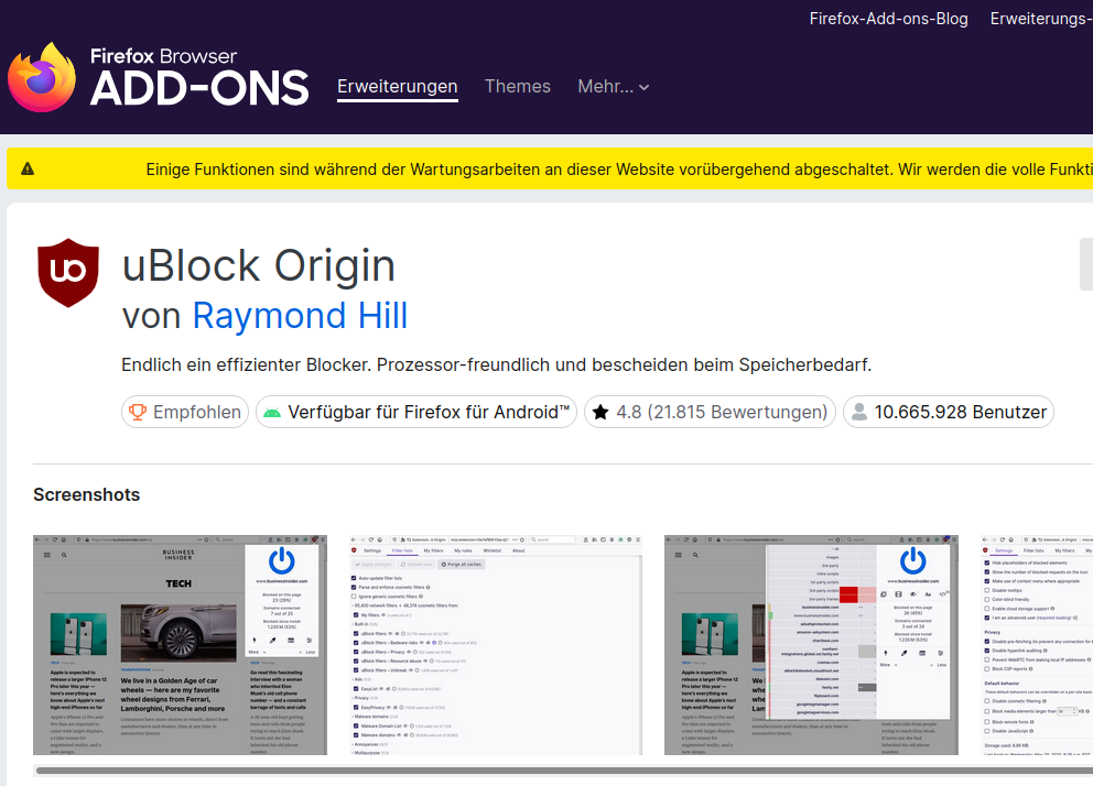 Firefox Add-Ons Screenshot des Firefox Add-ons Shops