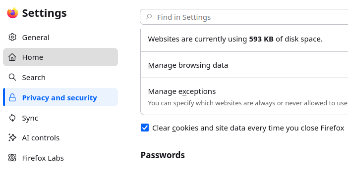 Firefox clearing settings Screenshot der Browsereinstellungen zum Löschen der Cookies beim Schliessen des Browsers in Firefox