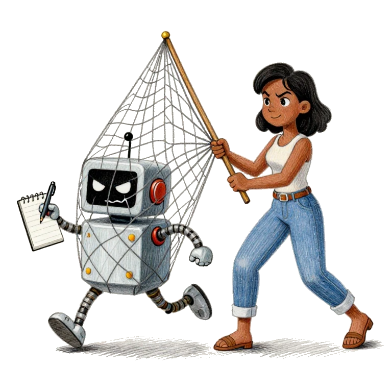 Cartoon einer dunkelkäutigen Frau, die mit einem Netz jagt macht auf einen bösartigen kleinen Roboter mit Notizblock und Stift.