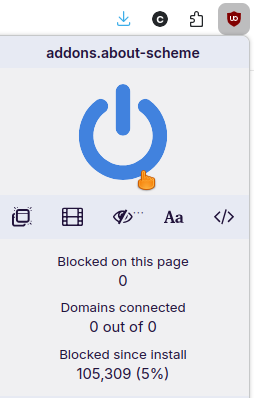 Ein- und Ausschalten von uBlock-Origin oben rechts im Browser Screenshot Ein- und Ausschalten uBlock Origin