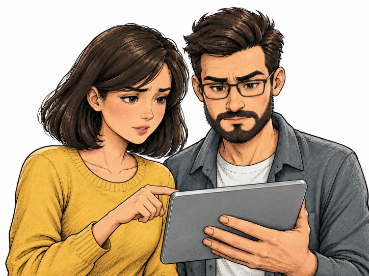 Frau und Mann schauen mit ernsten Gesichtern in ein Tablet - Cartoon