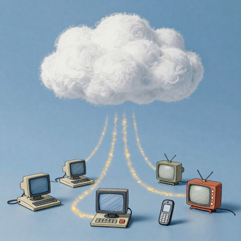 Cartoon einer Wolke, die über feine goldene Bänder mit PC's, Telefonen und Fernsehgeräten am Boden verbunden ist