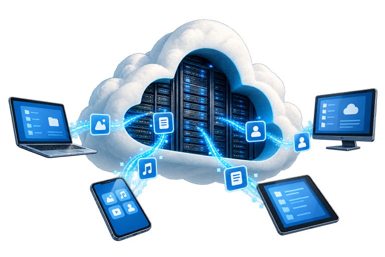 Cartoon Wolke die ein Rechenzentrum enthält und virtuelle Verbindung zu Laptops und Handys hat