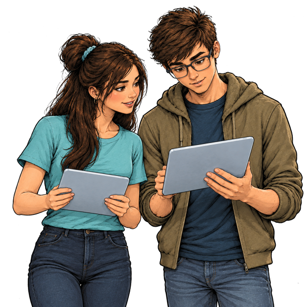 Cartoon Mädchen und Junge mit interessiertem Blick in ihre Tablets