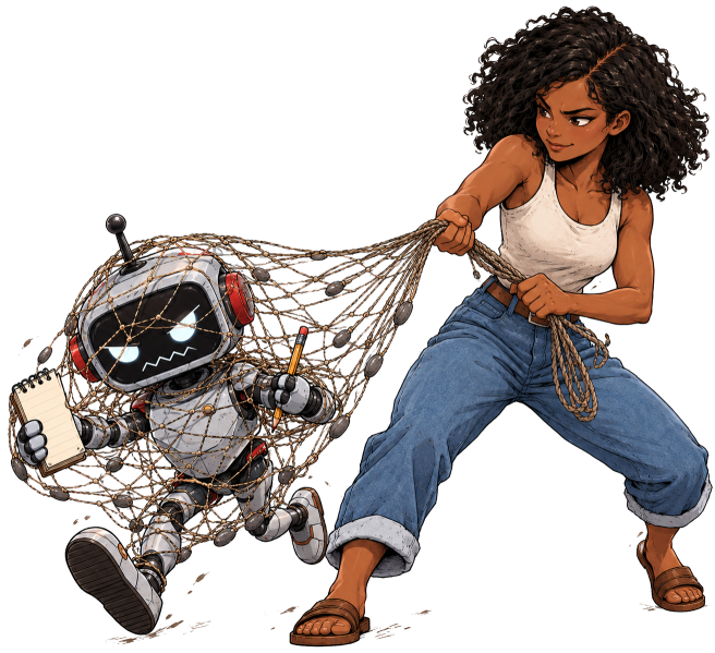 Cartoon Frau fängt mit Netz einen bösartigen Roboter mit Notizblock und Stift ein.