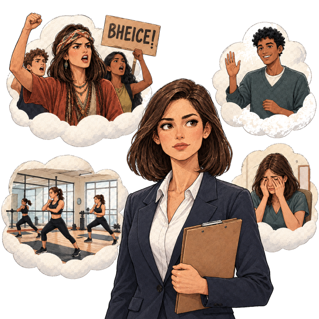 Cartoon von junger Frau in Businesskleidung umgeben von Ausschnitten aus ihrem Leben: Teilnahme an Demo, dunkelhäutiger Freund, Depressionen, Gym