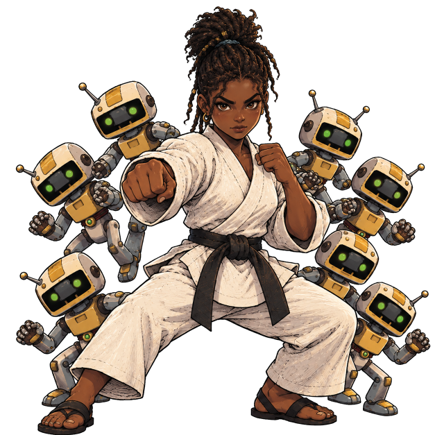 Cartoon junge dunkelhäutigen Frau in Karate-Kampfpose greift kleine Roboter an