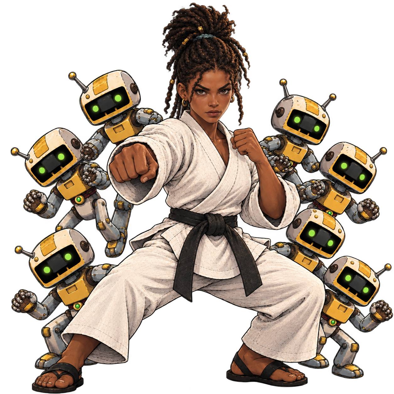 Cartoon junge dunkelhäutigen Frau in Karate-Kampfpose greift kleine Roboter an