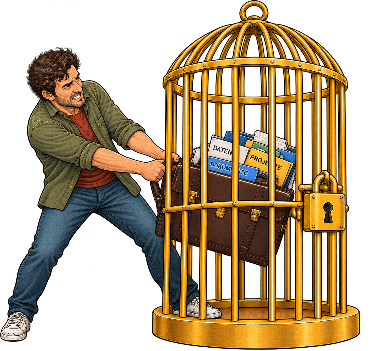 Cartoon eines Mannes, der verzweifelt versucht, eine Tasche mit seinen Daten aus einem goldenen Käfig zu ziehen