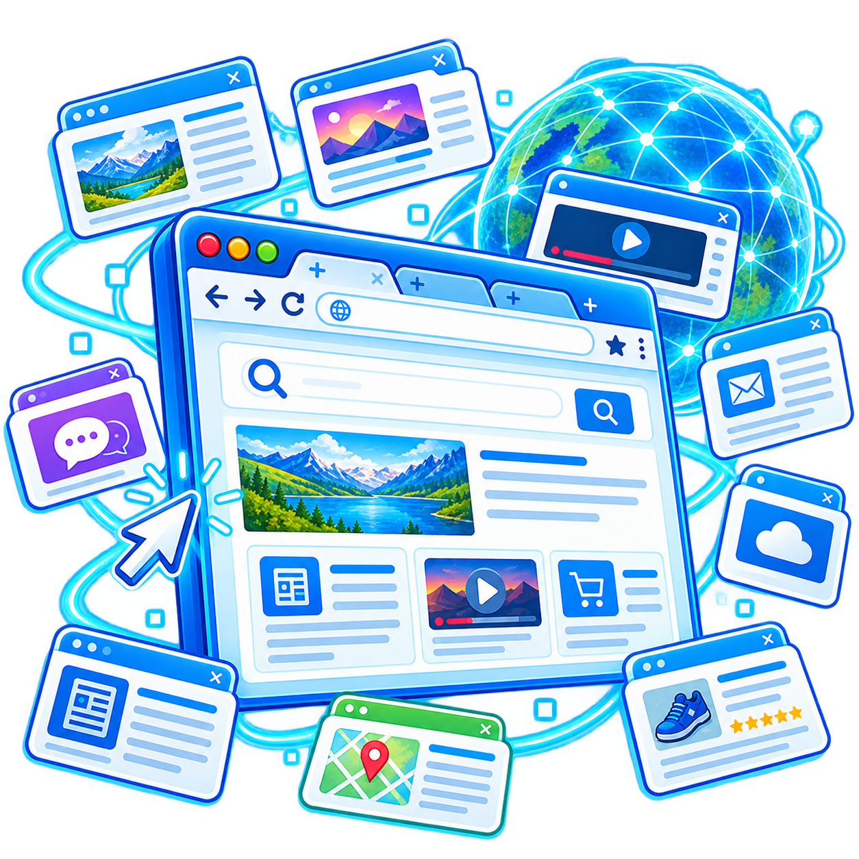 Cartoon von stilisiertem Browser mit vielen vernetzten Informationen und der Erde im Hintergrund