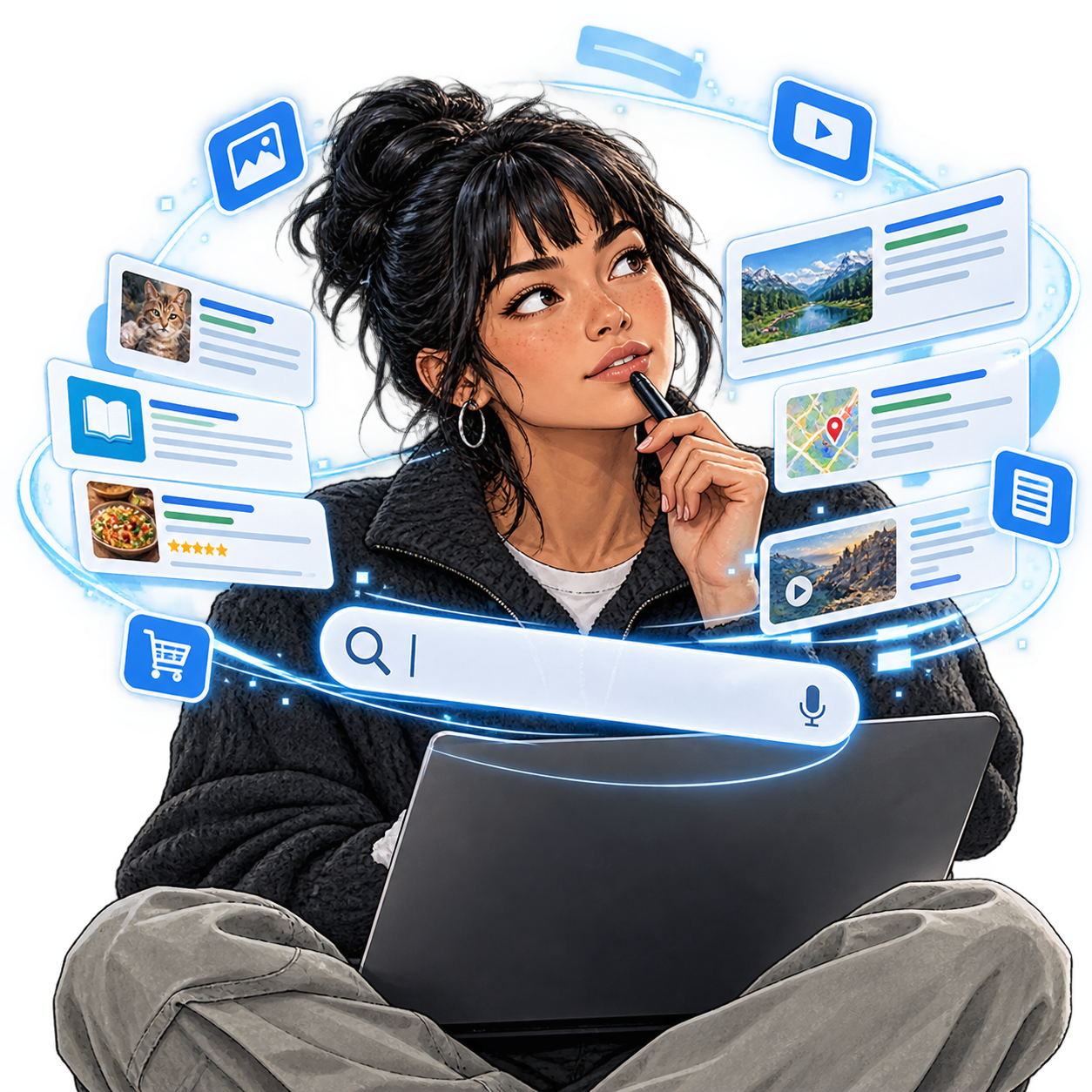 Cartoon eines Mannes in der Cloud, der über einen Monitor viele PC und deren Anwender überwacht