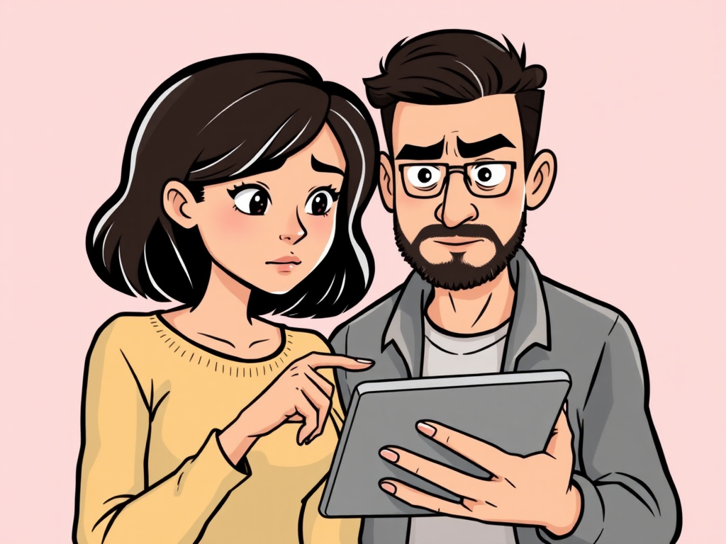 Frau und Mann schauen mit kritischem Blick in ein Tablet - Cartoon