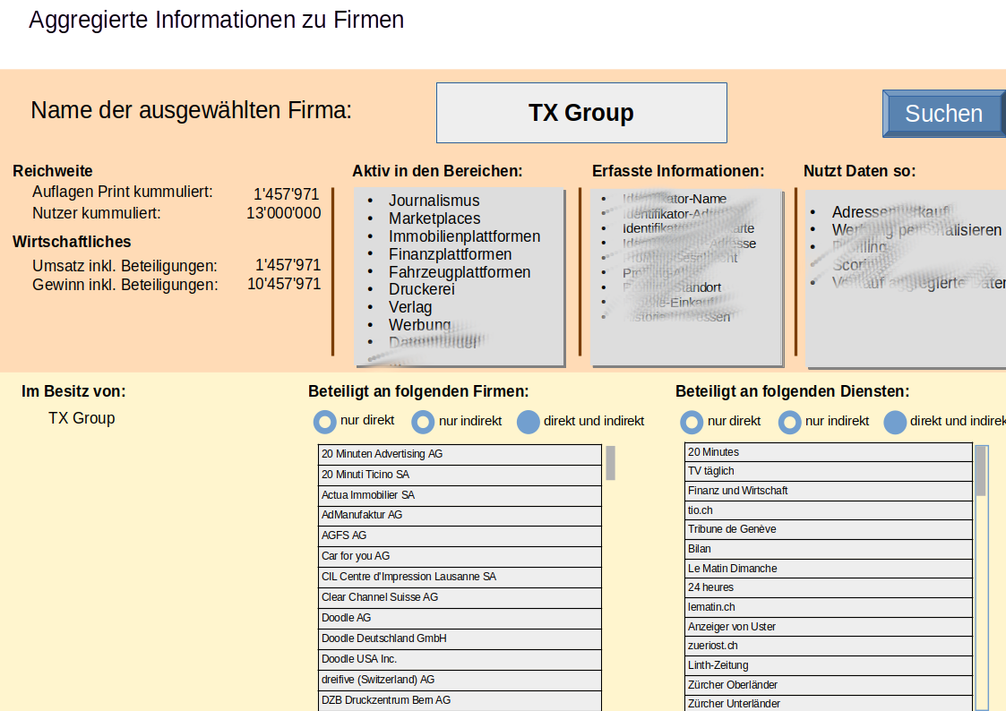 Datenbankmaske welche aggregierte Daten zu einer Firma aus der Nachrichtenbranche zeigt