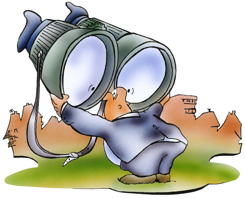 Mann schaut durch übergrossen, verkehrt gehaltenen Feldstecher in die Ferne - Cartoon