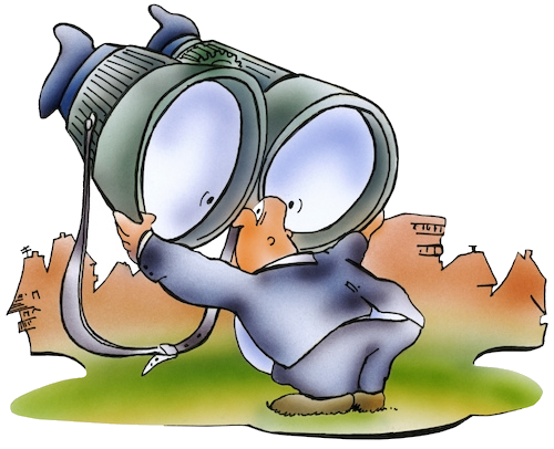 Mann schaut durch übergrossen, verkehrt gehaltenen Feldstecher in die Ferne - Cartoon