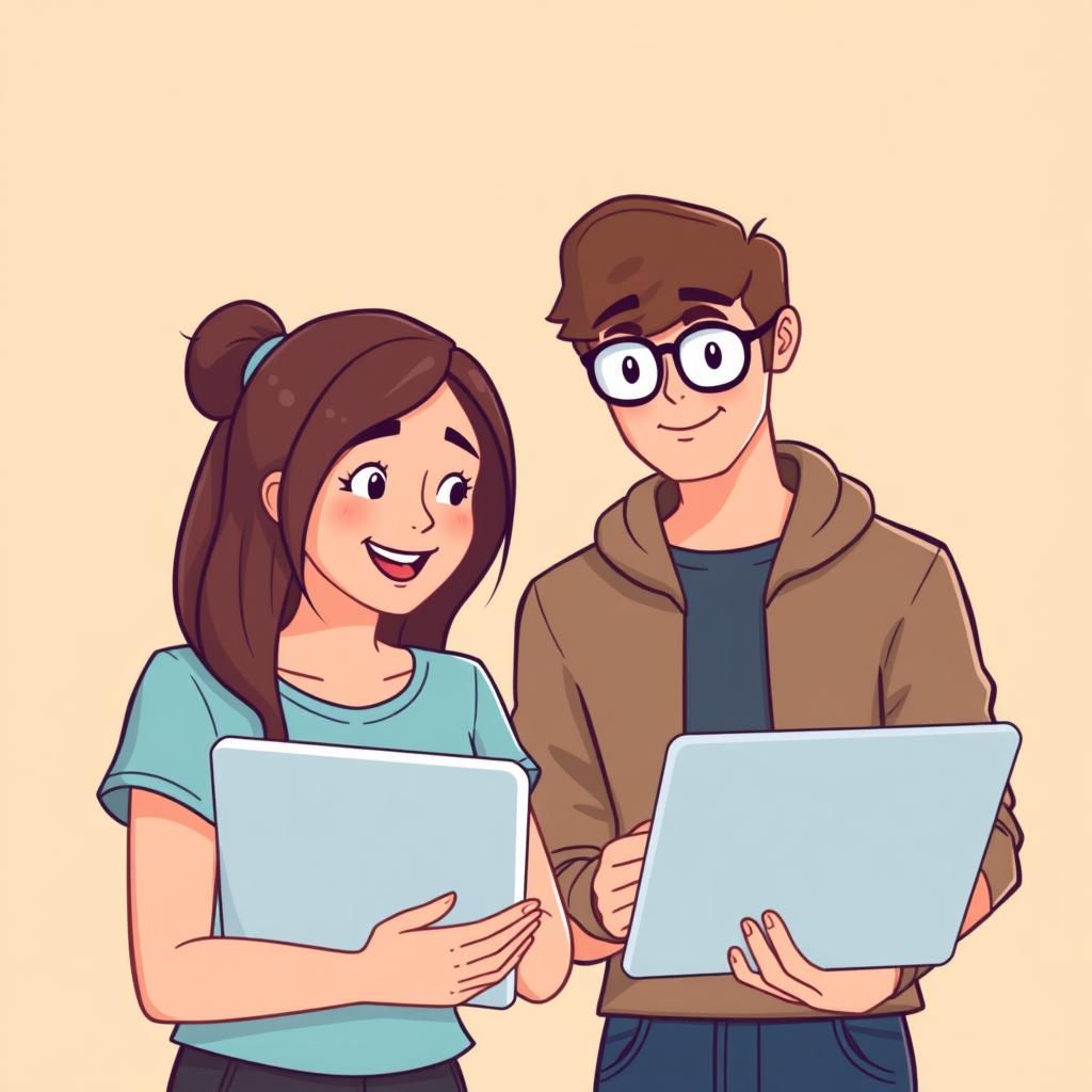 Mädchen und Junge mit Tablets in den Händen unterhalten sich und verstehen, was abgeht. - Cartoon