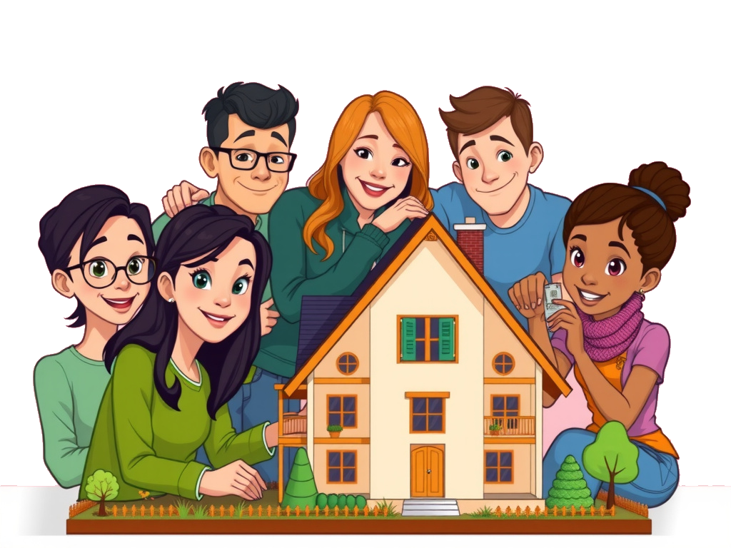 Gruppe diverser Menschen um ein Modellhaus - Cartoon