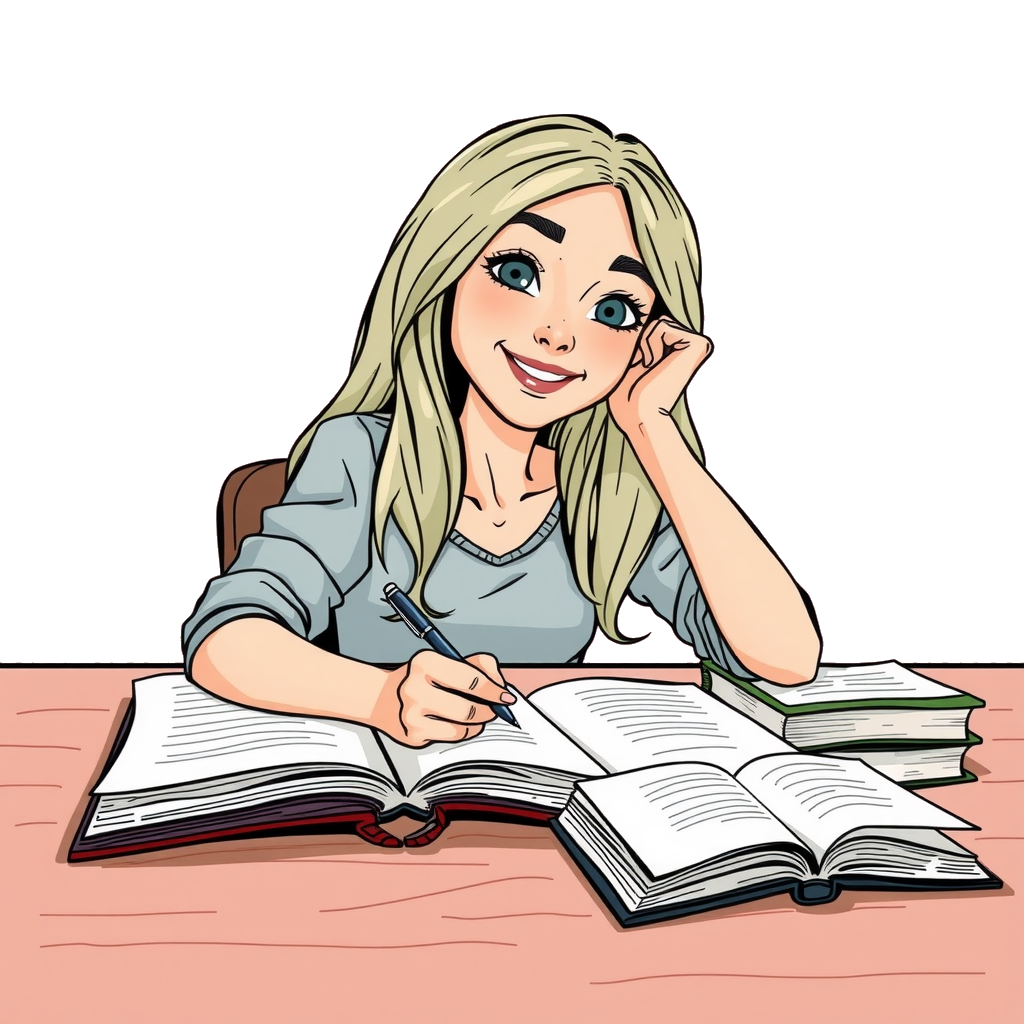 Cartoon junge Frau zufrieden mit vielen Büchern an einem Tisch