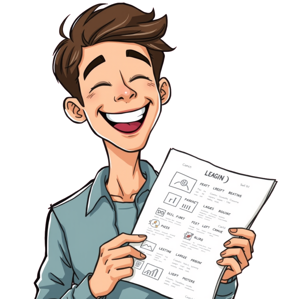 Cartoon von lachendem jungem Mann mit Fact-Sheet in der Hand